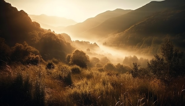 Nascer do sol sobre a paisagem de cobertores de neblina da cordilheira gerada pela IA
