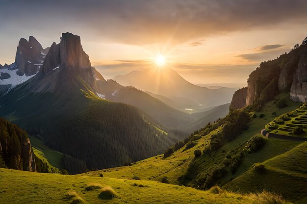 Nascer do sol sobre as montanhas com um pôr do sol