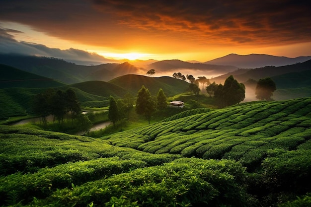 Foto nascer do sol sobre as plantações de chá e um pôr-do-sol