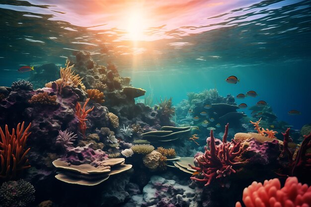 Nascer do sol sobre jardins de corais foto de animais marinhos