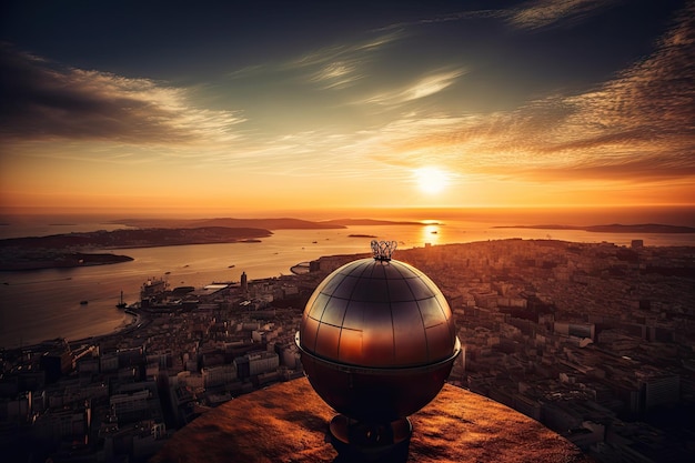 Nascer do sol sobre o globo com a cidade e o rio visíveis no horizonte