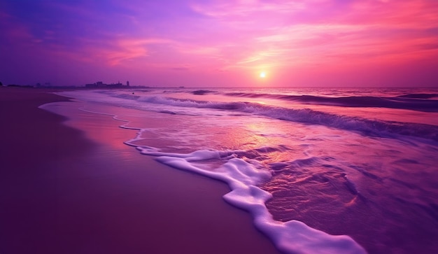 Nascer do sol sobre o mar e bela praia na cor roxa