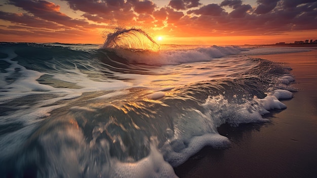 Nascer do sol sobre o oceano com cores vibrantes enchendo o céu e as ondas geradas pela IA