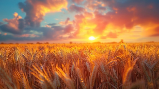 Foto nascer do sol sobre um campo de papel de parede de trigo dourado