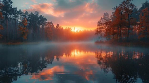 Foto nascer do sol sobre um lago coberto de névoa