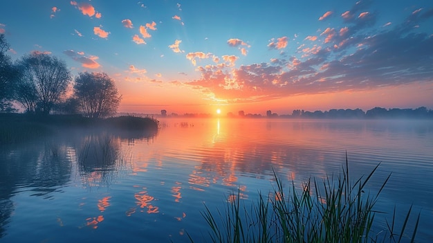 Foto nascer do sol sobre um lago coberto de névoa