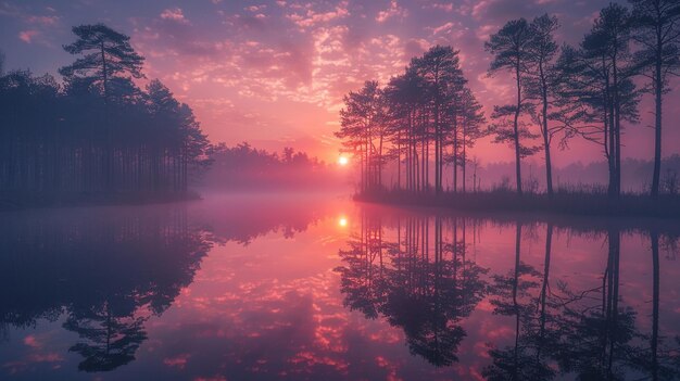 Foto nascer do sol sobre um lago coberto de névoa