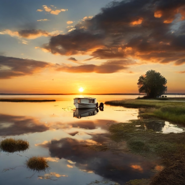 Nascer do sol sobre um lago com reflexos nuvens pássaros e um barco