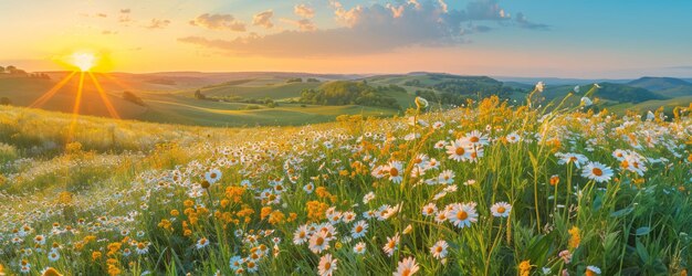 Nascer do sol sobre um prado de flores silvestres com colinas ao fundo e um céu azul brilhante