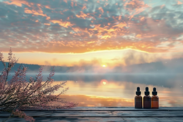 Nascer do sol tranquilo sobre o lago nebuloso com garrafas de óleos essenciais de aromaterapia no cais de madeira