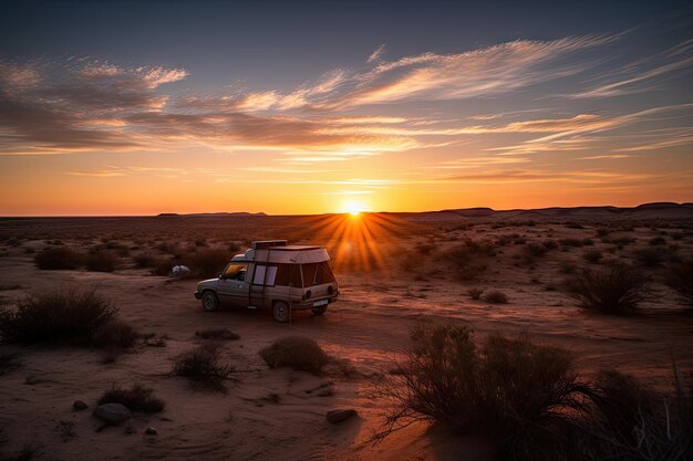 Nascer do sol vibrante sobre o deserto com van e tenda à distância criado com ai generativo