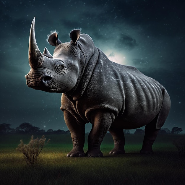 Nashorn steht nachts auf einem Feld mit Vollmond im Hintergrund generative KI