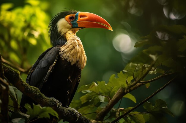 Nashornvogel thront im dichten Dschungeldach