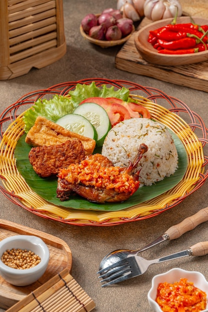 Nasi Jeruk Ayam Geprek ist indonesisches Essen, knuspriges gebratenes Hühnchen mit heißem und scharfem Sambal Bawang.