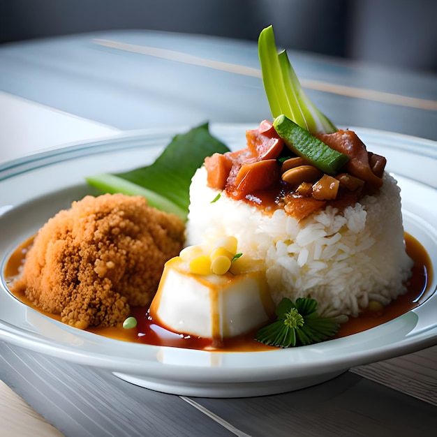 Nasi lemak arroz de leche de coco de Malasia servido con sambal frito anchoas crujientes maní tostado