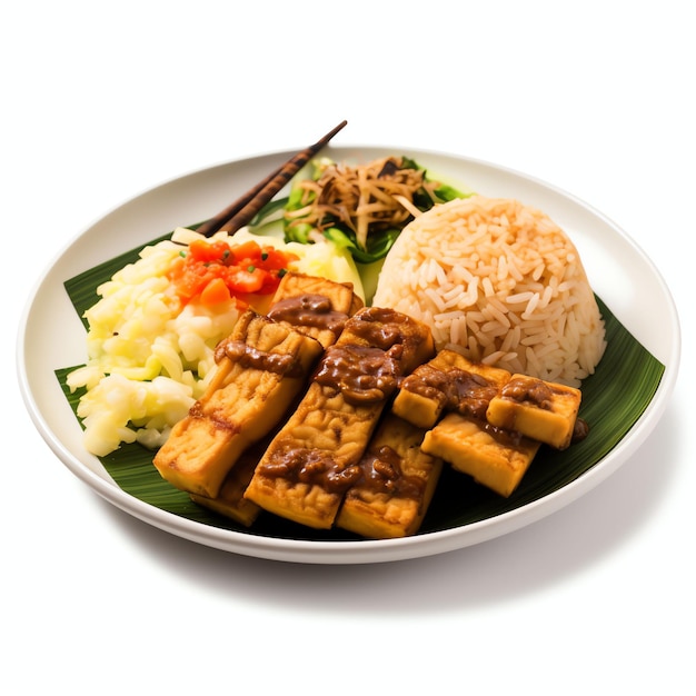 un nasi lengko es un plato tradicional indonesio de arroz cubierto de tempeh de tofu frito y salsa de maní