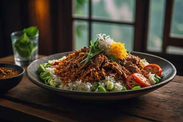 Nasi liwet presentado con elegancia y estilo