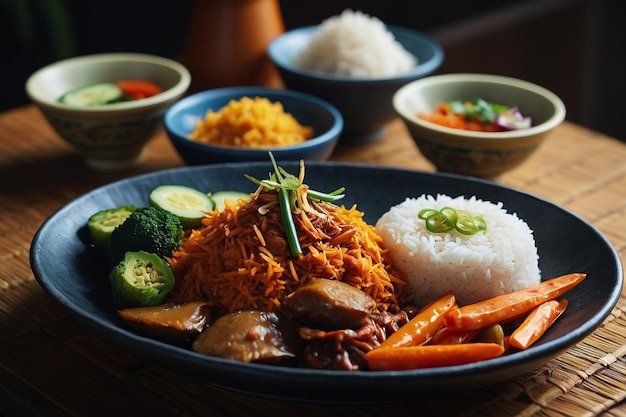 Nasi liwet vibrante e pratos de acompanhamento