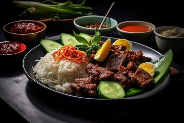 Nasi padang picante y sabroso con fondo de carne