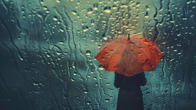 Nass im Regen mit Regenschirm stehen