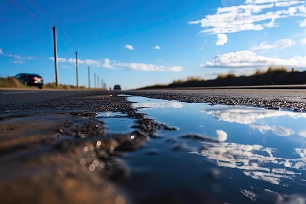 Foto nasse asphaltstraße mit einer spiegelung des blauen himmels, perfekt für reisen