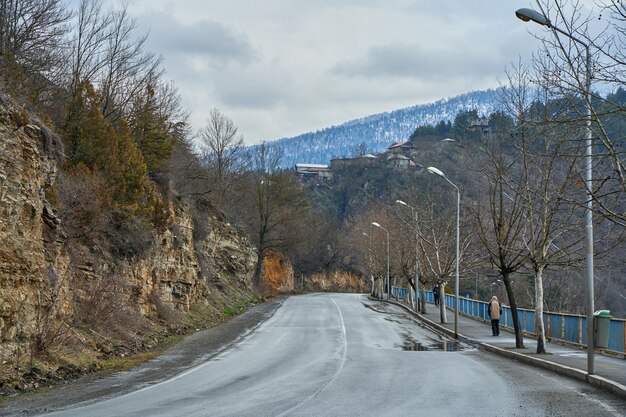 Nasse Asphaltstraße nach Regen, keine Autos.