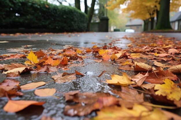 Nasse, gefallene Blätter auf dem Bürgersteig nach Regen