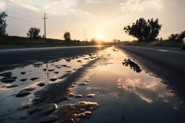 Foto nasser asphalt am morgen, nachdem der tau verdunstet ist, mit wolken und blauem himmel im hintergrund