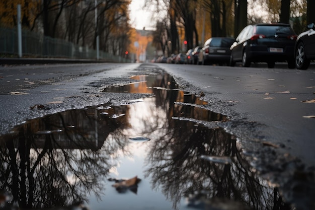 Nasser Asphalt nach einem Regenschauer mit Pfützen und Reflexionen