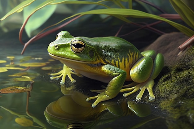 Nasser grüner Frosch sitzt unter den Blättern auf einem Stein in der Wassernahaufnahme Generative KI