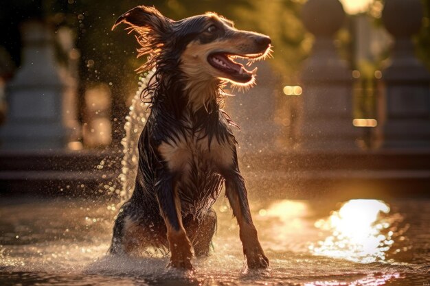 Nasser Hund schüttelt nach dem Spielen in einem Brunnen Tropfen das Sonnenlicht gefangen geschaffen mit generativen ein