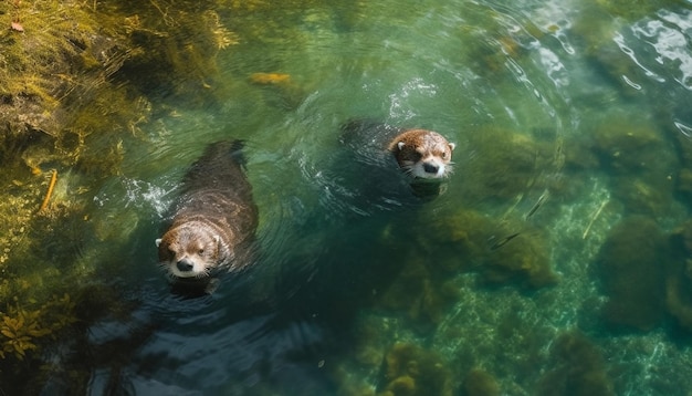 Nasser Welpe, der mit Fischen im Teich schwimmt, der von KI erzeugt wird