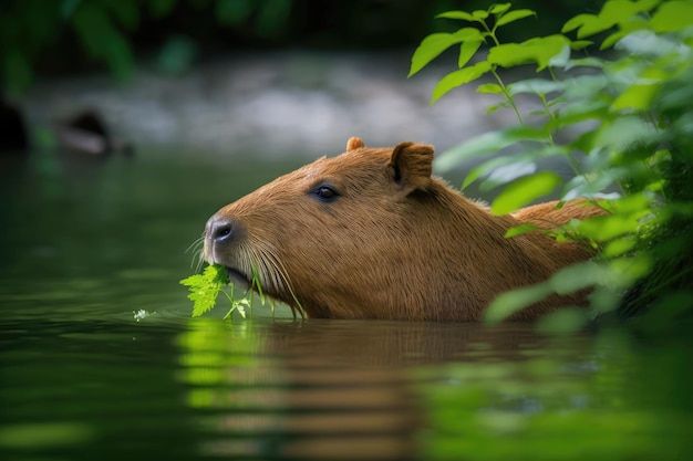 Nasses Capybara, das sich am Flussufer mit generativer KI mit grünem Blatt entspannt