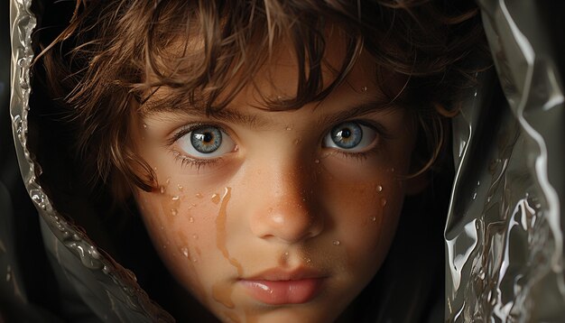 Nasses Kinderporträt, Regentropfen auf niedlichem Gesicht, Unschuld beim Blick in die Kamera, erzeugt durch künstliche Intelligenz