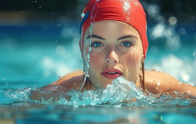 Natação feminina com um boné vermelho focada e pronta nas piscinas à beira da água brilhando ao seu redor