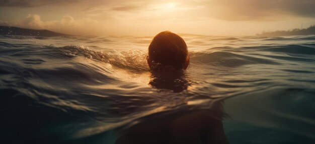 Natação feminina profissional nadar no oceano ao nascer do sol IA generativa