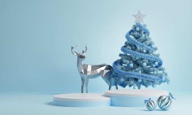 Foto natal 3d e feliz ano novo para mostrar modelo de banner de postagem de mídia social de produto fundo azul