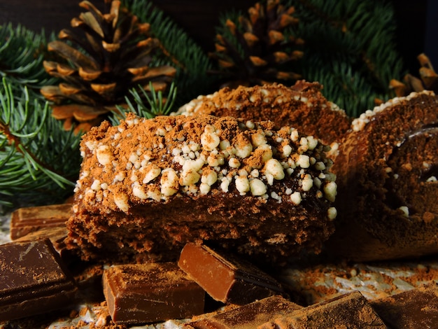 Natal ainda vida. Chocolate de Natal Yule Log. Cones e galhos de árvores de Natal. Pedaços de chocolate.