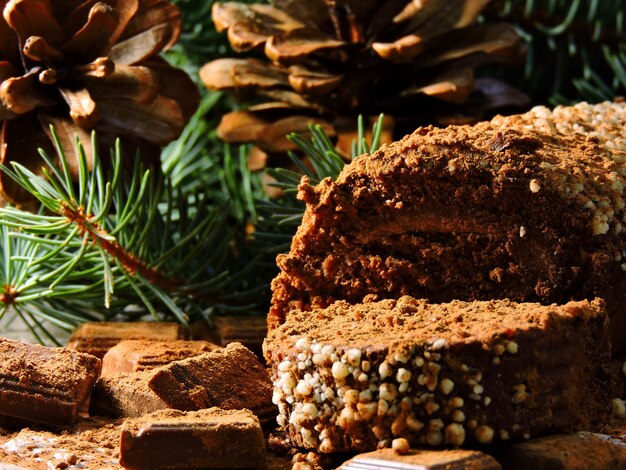 Natal ainda vida. chocolate de natal yule log. cones e galhos de árvores de natal. pedaços de chocolate.