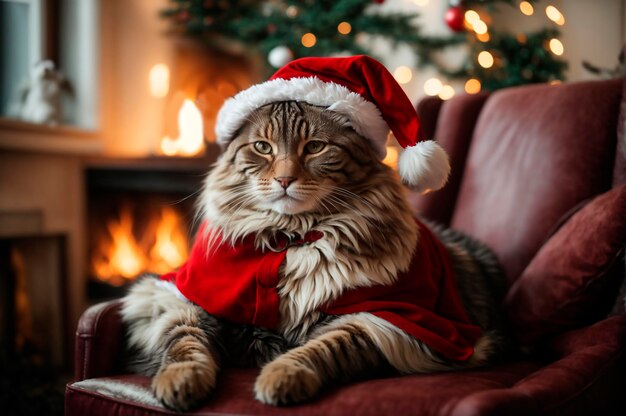 Foto natal ano novo cartão de saudação belo fundo de natal um gato maine coon vestido de festa