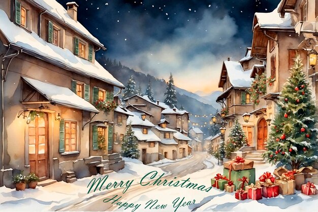 Foto natal ano novo cartão de saudação férias bonitas na aldeia
