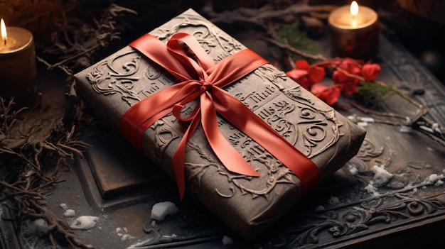 Foto natal ano novo ou caixa de presente de natal com fita e árvore