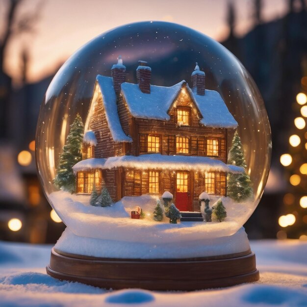 Foto natal bela cena de natal casa de campo em fundo globo de neve