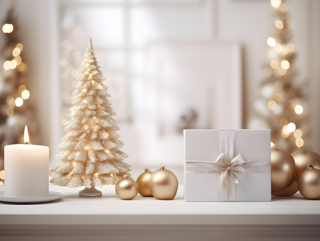 Natal branco e dourado com decoração e presentes na mesa de madeira