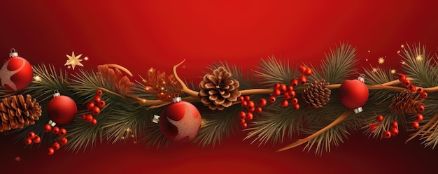Natal com galhos de abeto e ornamento de decoração em bandeira de fundo vermelho Generative ai