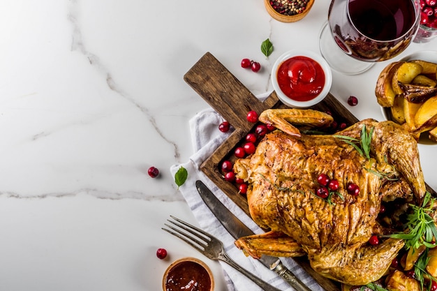 Natal, comida de ação de graças, frango assado assado com cranberry e ervas