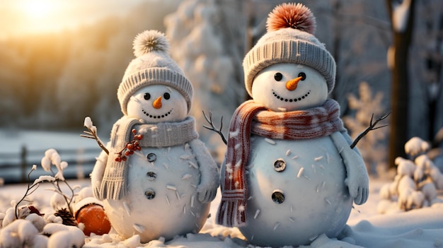 Natal de inverno dois amigos bonecos de neve em montanhas nevadas