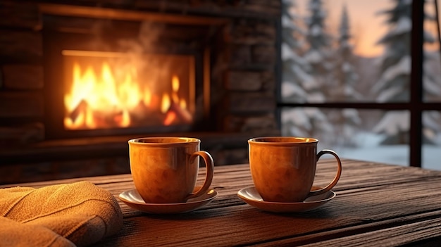 Natal duas xícaras de chá na mesa a lareira está acesa IA generativa