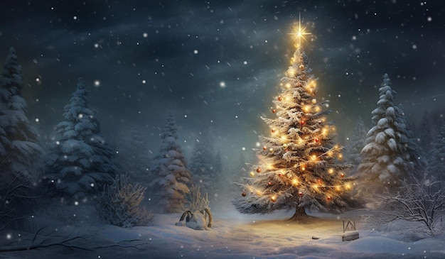 Natal e Ano Novo com fundo com uma árvore de Natal na floresta coberta de neve