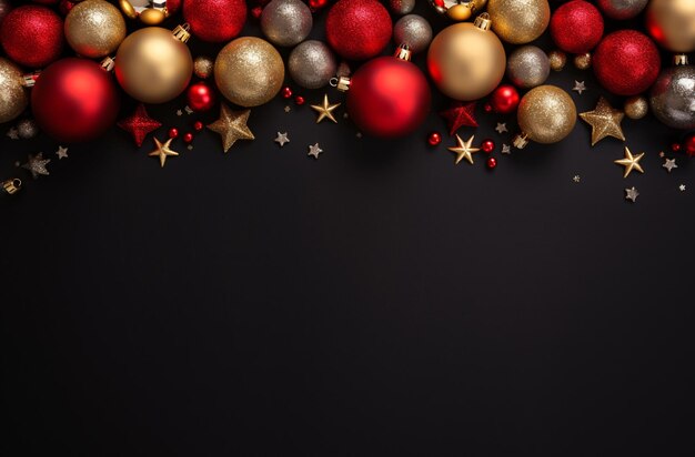 Natal e feliz ano novo fundo preto com bolas e enfeites de natal Espaço de cópia de vista superior IA generativa